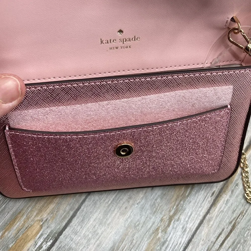 Kate Spade Glimmer Glitter Crossbody Duo Card Holder Bag Purse Mitten Pink